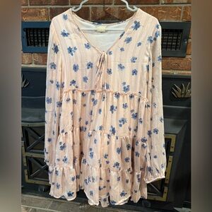 Floral V-Neck Baby Doll Dress - Pink and Blue with Gold striping